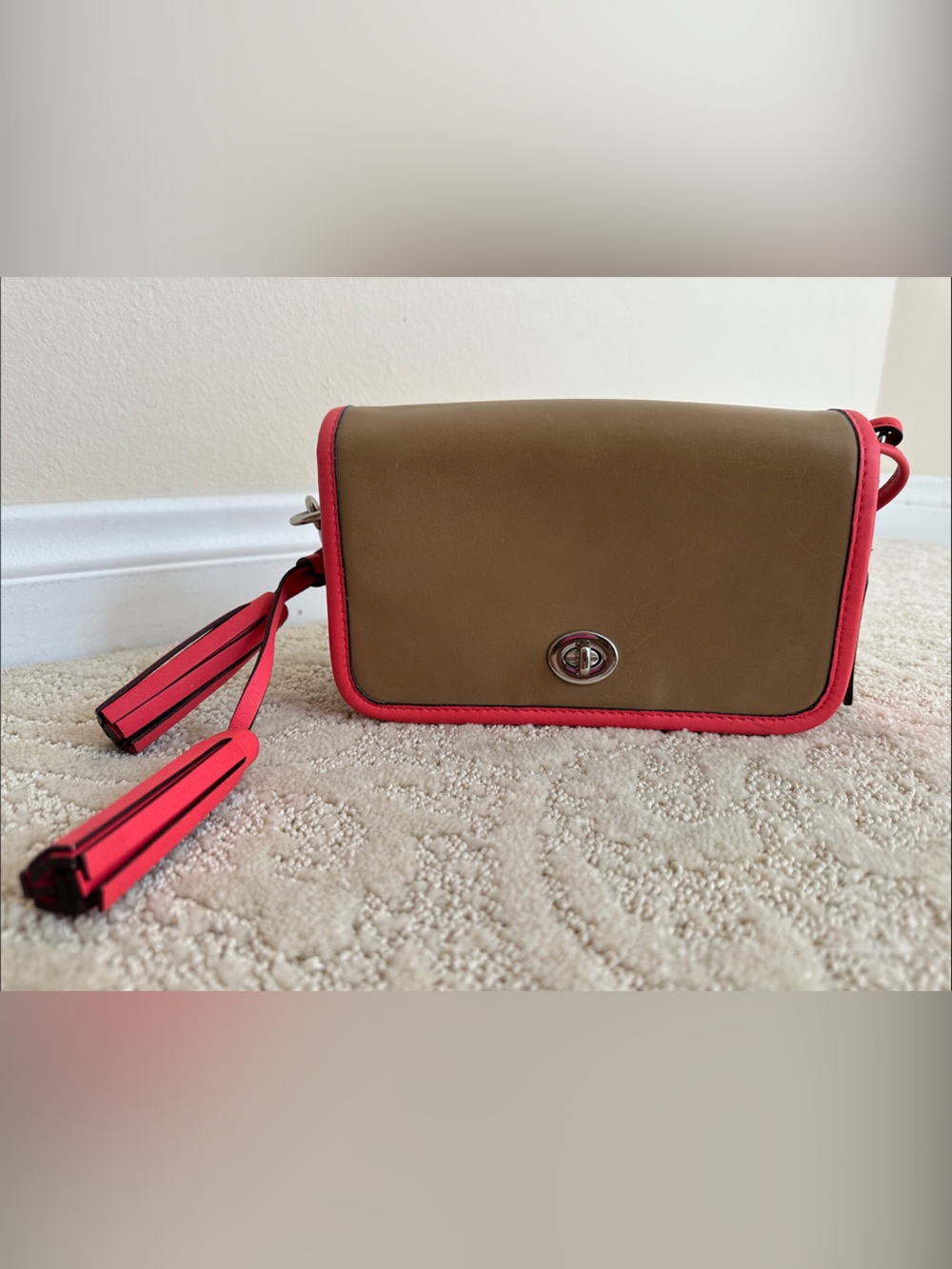 Coach Archive Tan and Coral Trim Medium Crossbody Leather Flap Bag